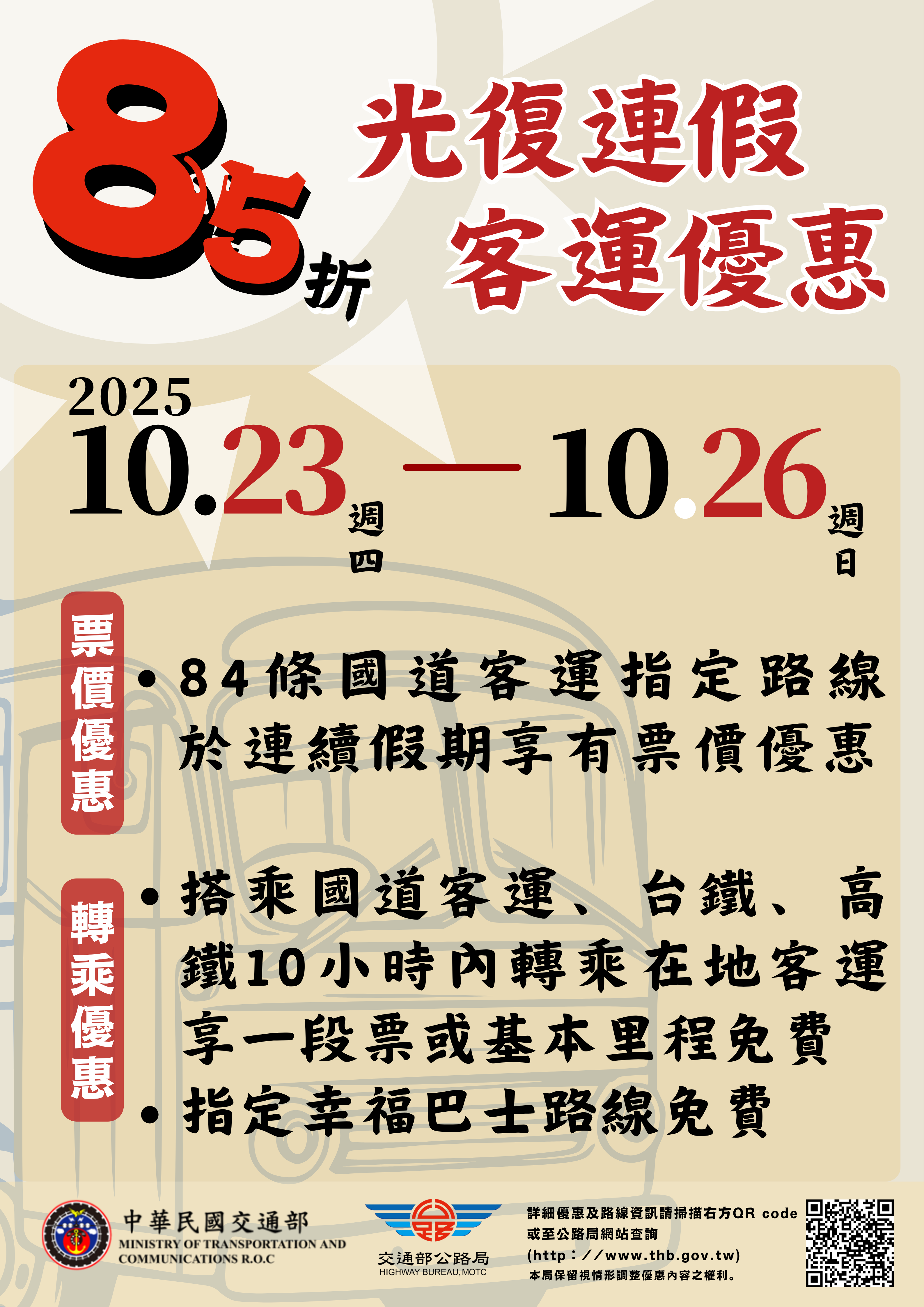 (一)84條國道客運路線票價享85折優惠。 (二)搭乘國道客運、台鐵、高鐵，10小時內轉乘在地客運享一段票或基本里程免費，轉乘指定幸福巴士享免費優惠。