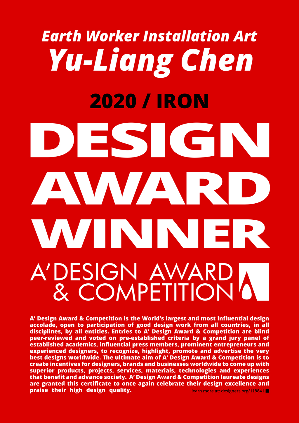 義大利 A’設計大獎（A’Design Award and Competition) 雕塑設計-鐵獎獎狀