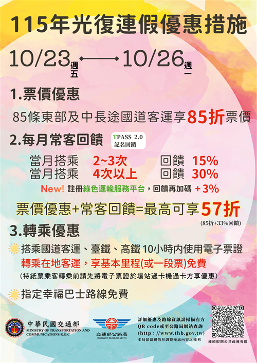 115年連假光復節公共運輸優惠措施
