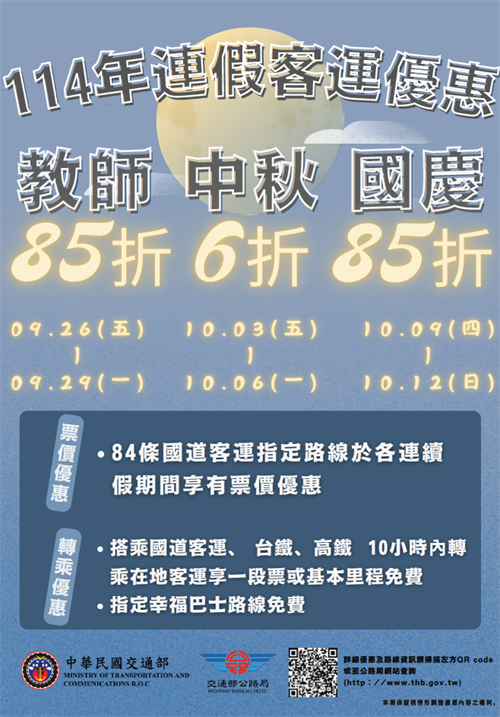 114年連續假期公共運輸優惠措施