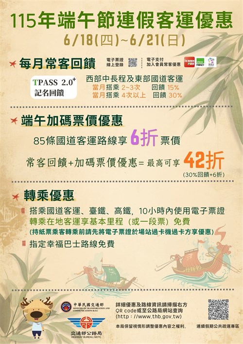 115年端午節連假公共運輸優惠措施